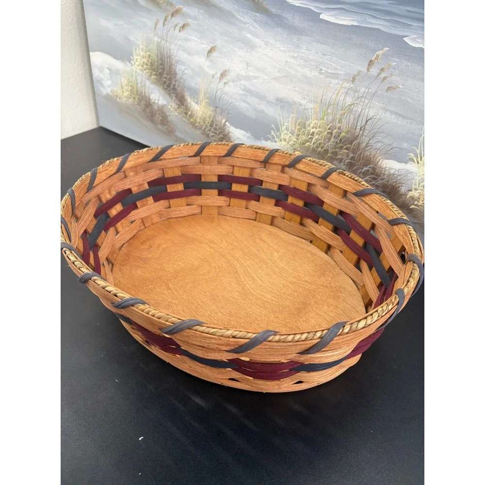 Handmade Jacob & Sarah Yoder Woven Splint Basket Oval Wood Base Blue Burgundy